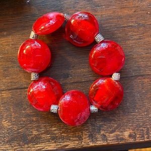 Red glass stone and silver bead stretch bracelet